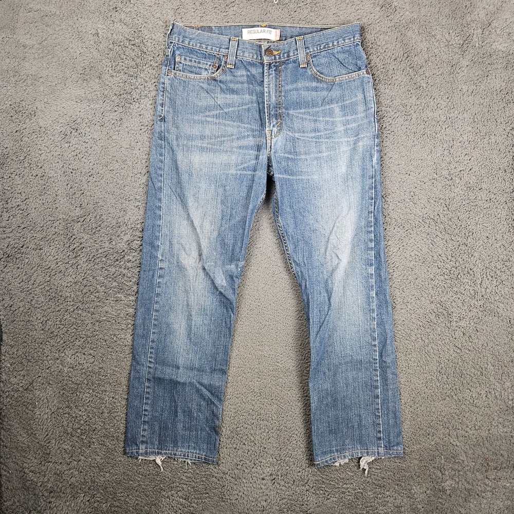 Levis 505 Regular‎ Fit Jeans Mens 34x32 Blue Medium Wash Distressed Hem Cotton